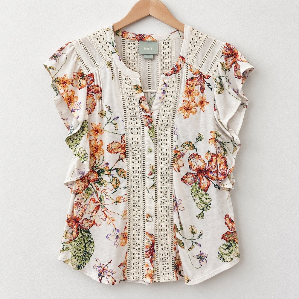 Maeve Anthropologie Floral Eyelet Flutter Sleeve Linen Blend Blouse Ivory Large